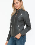 Snobbish Faux Leather Zip Up Mock Neck Jacket