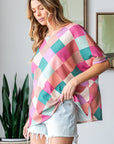 HOPELY Full Size Multi Colored Argyle Side Slit T-Shirt