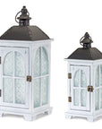 White Wood Lantern with Ornate Frosted Glass (Set of 2)