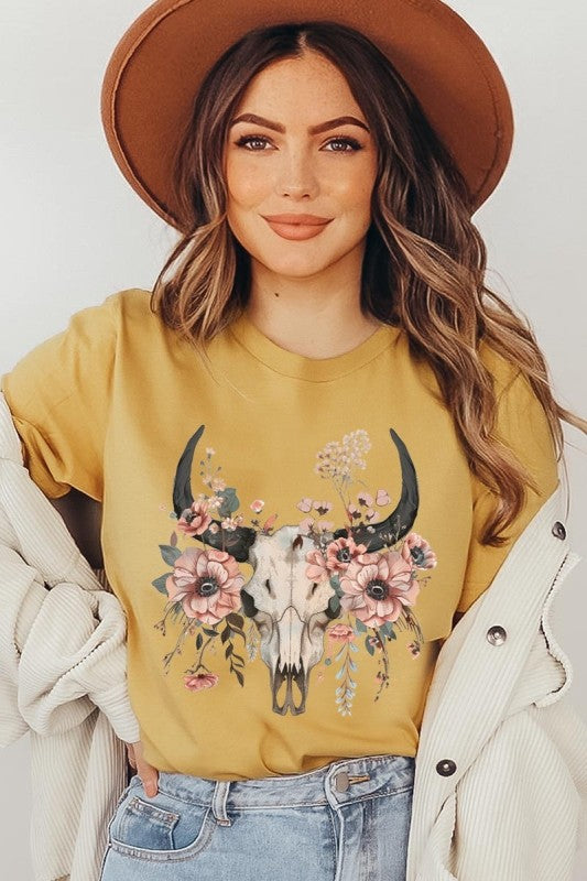 Western Skull Floral Graphic Plus Tee