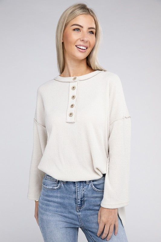 Zenana Ribbed Brushed Melange Hacci Henley Sweater