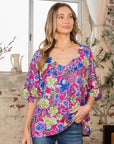 Sew In Love Full Size V-Neck Floral Half Sleeve Top