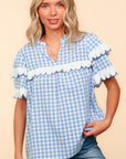 Haptics Full Size Plaid Scallop Hem Notched Short Sleeve Blouse