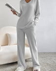 Women Ribbed Knit V Neck Slouchy Two-piece Outfit