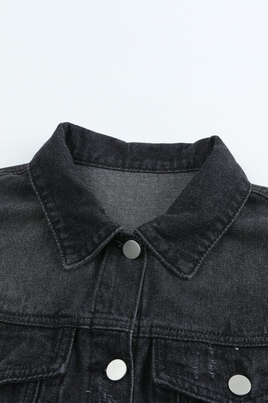 Denim Lapel Distressed Raw Hem Buttoned Jacket