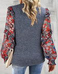 Women Ruffle Tiered Floral Sleeve Crew Neck Blouse