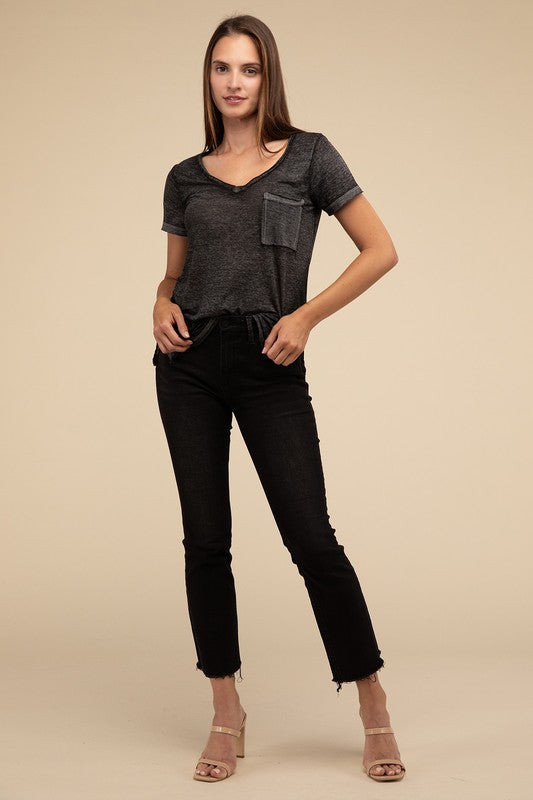 ZENANA Washed Melange Burnout Scoop V-Neck Top