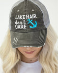 Lake Hair Don't Care Blue or Pink Anchor Trucker Hat