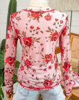 Pink Floral Print Exposed Seam Detail Mesh Long Sleeve Top
