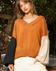 POL Exposed Seam Roll Edge Color Block V Neck Sweater