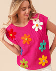 BiBi Flower Round Neck Cap Sleeve Knit Top