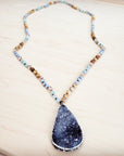 Amazonite & Crystal Long Beaded Necklace w/ Druzy Pendant