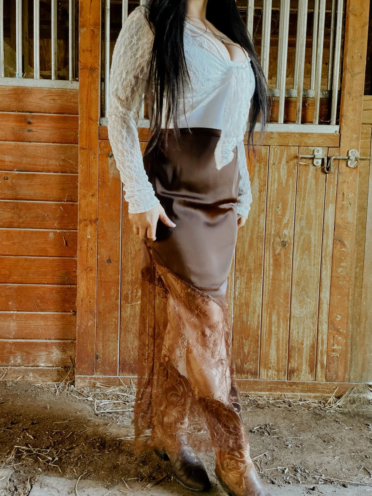 Solid Lace Patchwork Hem Maxi Skirt