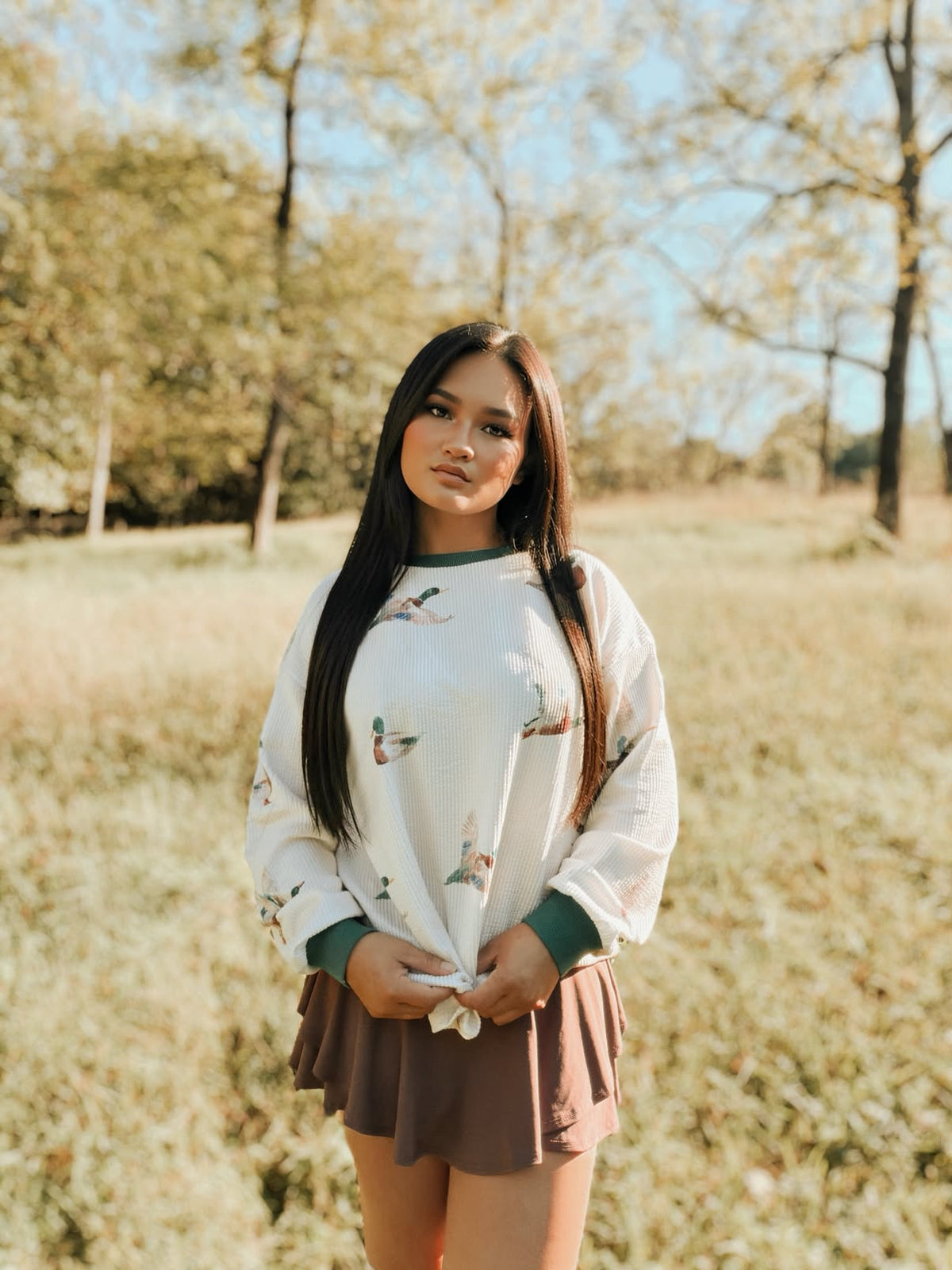 Mallard Duck Corded Knit Crew Neck Pullover Top