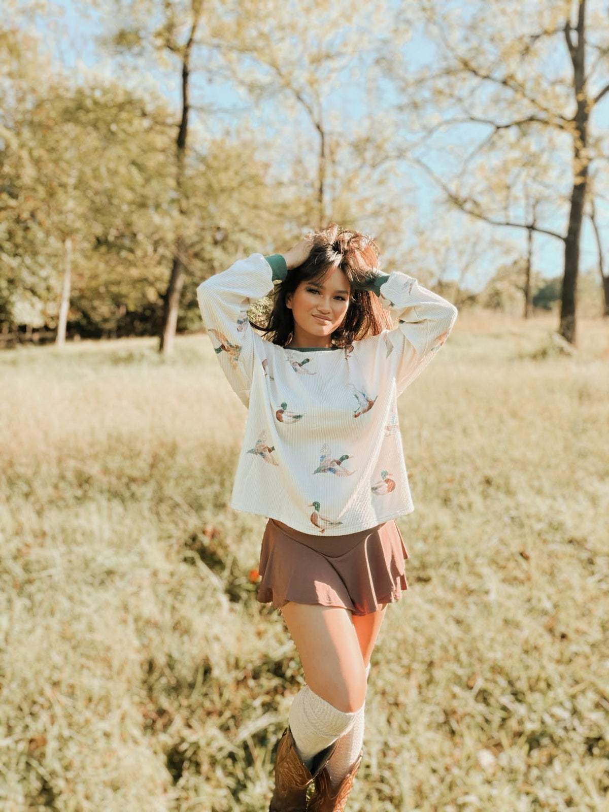 Mallard Duck Corded Knit Crew Neck Pullover Top