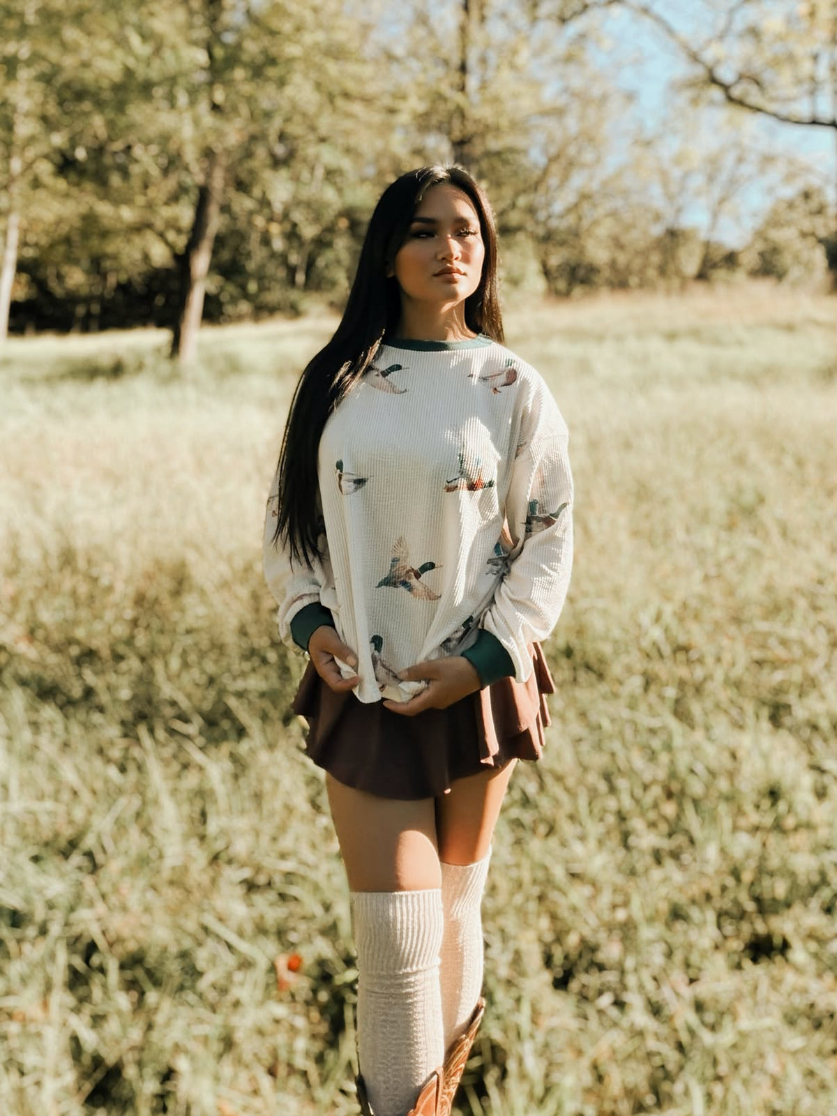 Mallard Duck Corded Knit Crew Neck Pullover Top