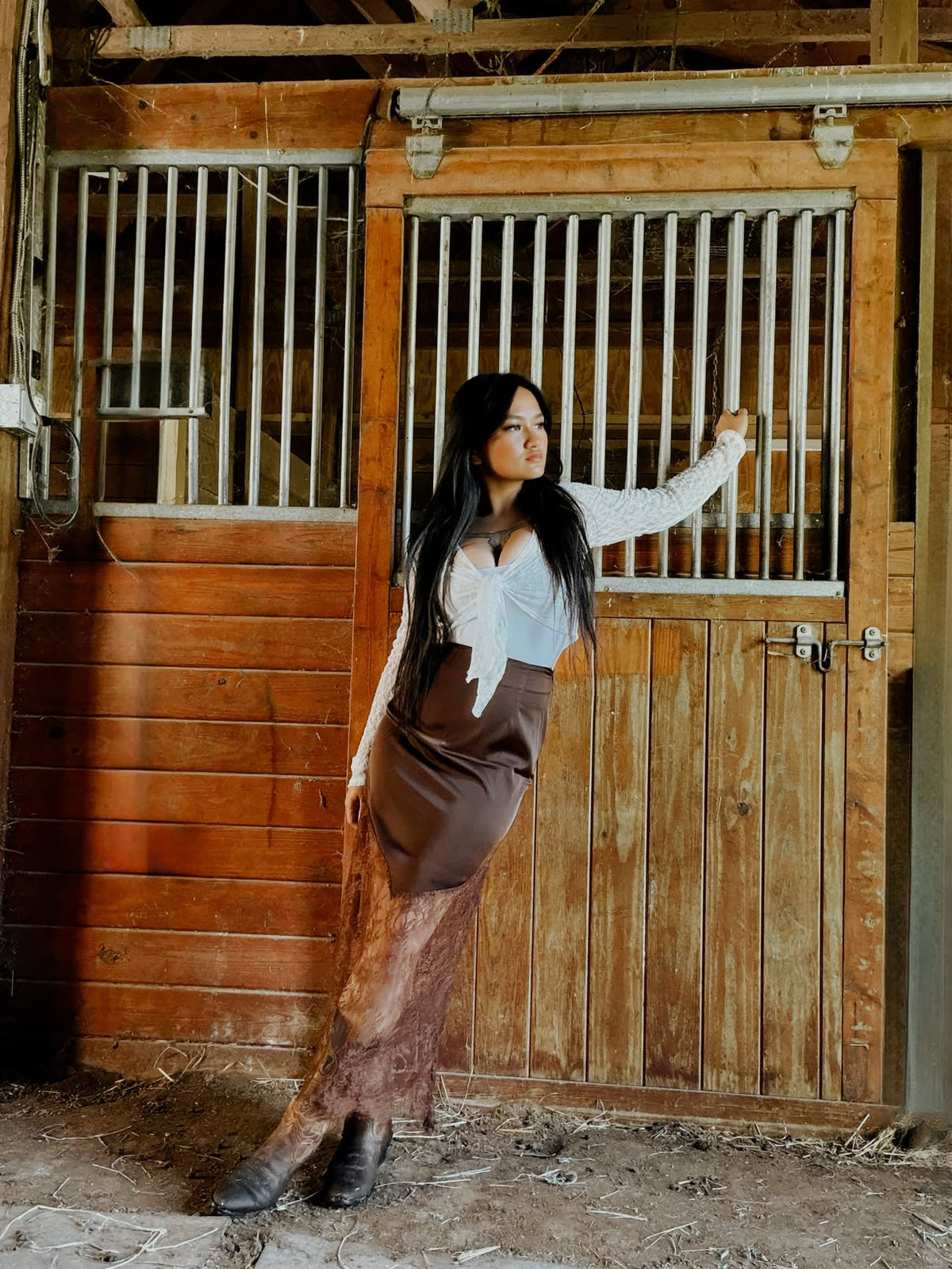 Solid Lace Patchwork Hem Maxi Skirt