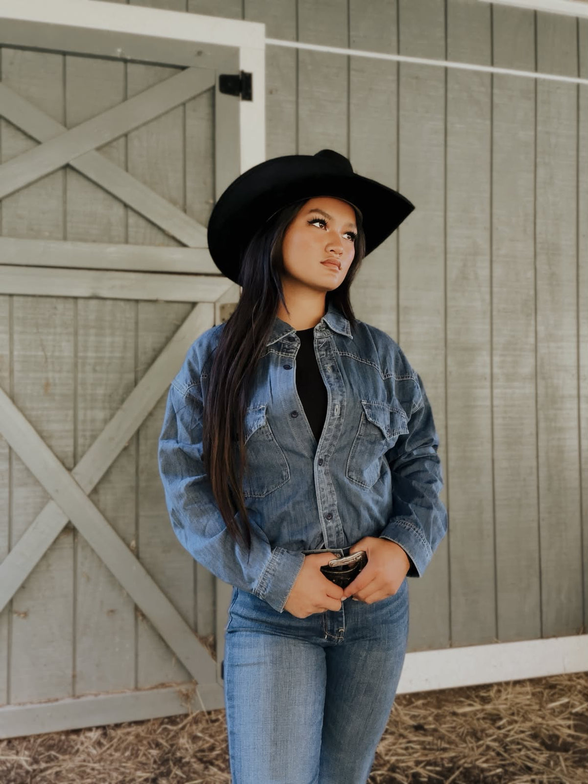 Western Denim Patch Pockets Long Sleeve Shirt