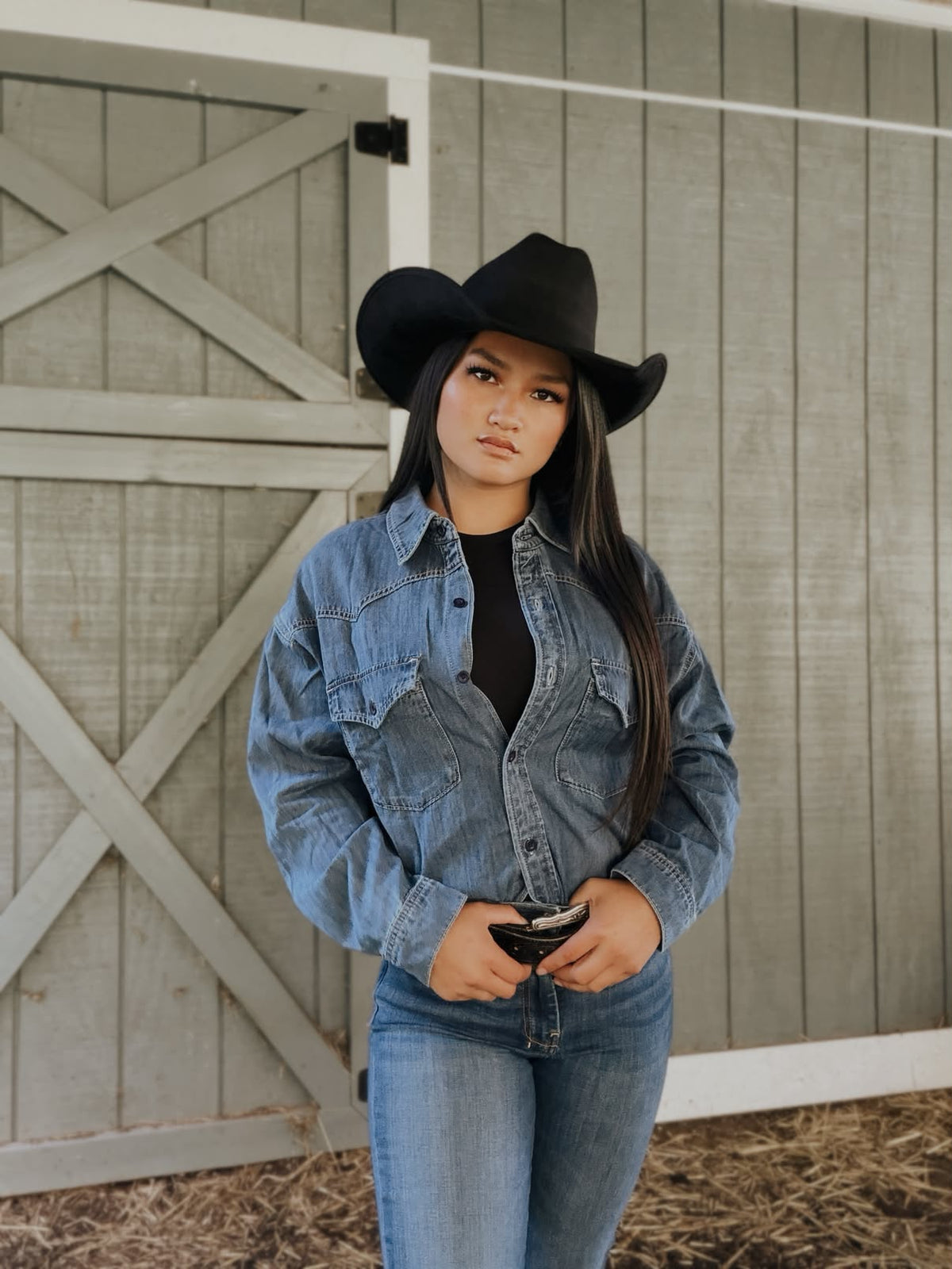 Western Denim Patch Pockets Long Sleeve Shirt