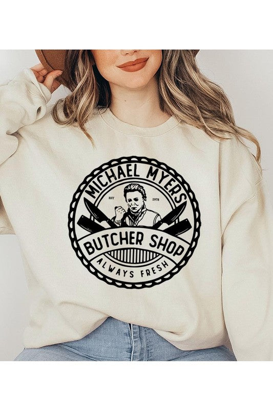 Michael Myers Butcher Shop Always Open Graphic Halloween Sweatshirt