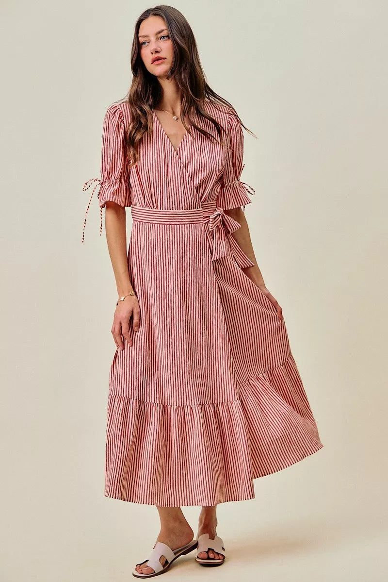 SO ME Stripe Textured Short Sleeves Lined Wrap Midi Dress