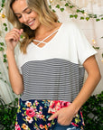 e Luna PLUS Solid Striped Floral Jersey Top