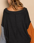 POL Exposed Seam Roll Edge Color Block V Neck Sweater