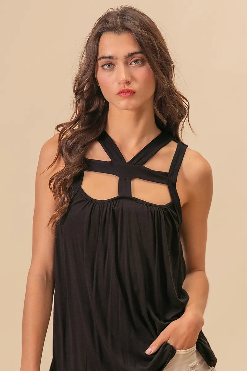 BiBi Rayon Span Jersey Cut Out with Straps Detailed in Black