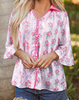 Floral Collared V-Neck Ruffle 3/4 Sleeve Shirt