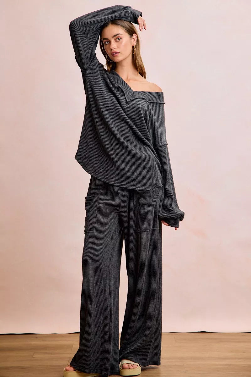 BiBi Two Tone Cord Rib Contrast Stitching V-Neck Top and Pants Set