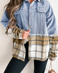 Plaid Patchwork Buttoned Oversized Denim Jacket