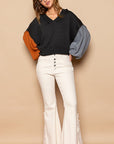 POL Exposed Seam Roll Edge Color Block V Neck Sweater