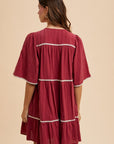 Annie Wear Tassel Contrast Trim Tie Neck Half Sleeve Tiered Dress