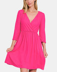 Zenana Three-Quarter Sleeve Surplice Dress with Pockets