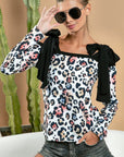 BiBi Leopard Shoulder Tie Long Sleeve Top