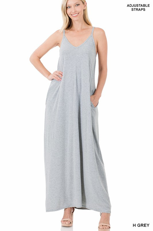 Zenana V-Neck Cami Maxi Dress w Side Pockets