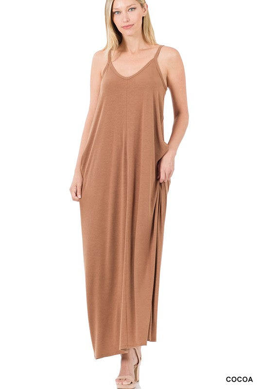 Zenana V-Neck Cami Maxi Dress w Side Pockets