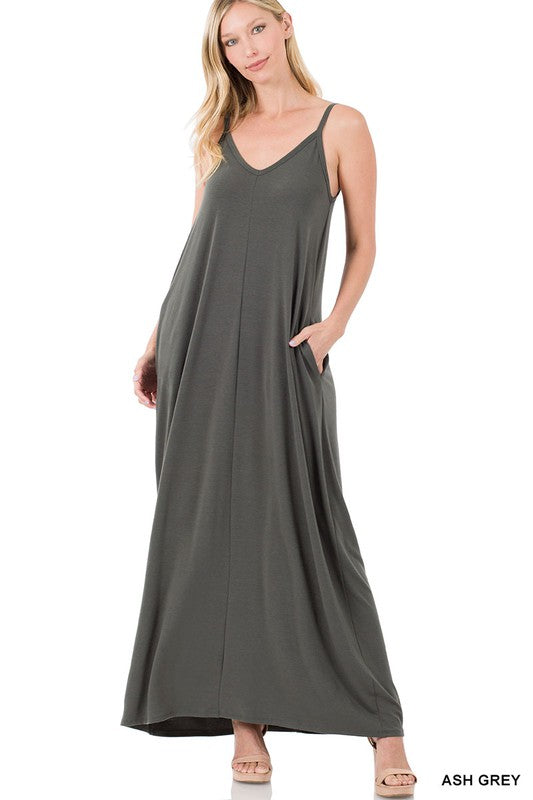 Zenana V-Neck Cami Maxi Dress w Side Pockets