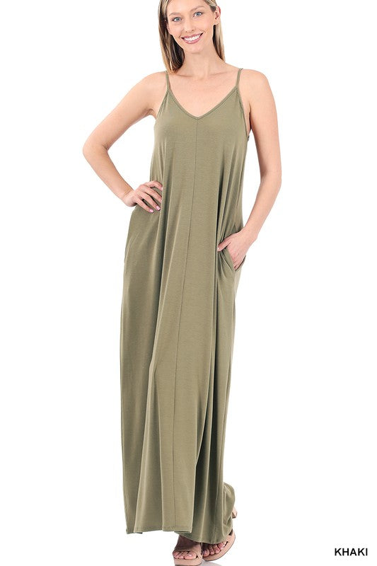 Zenana V-Neck Cami Maxi Dress w Side Pockets