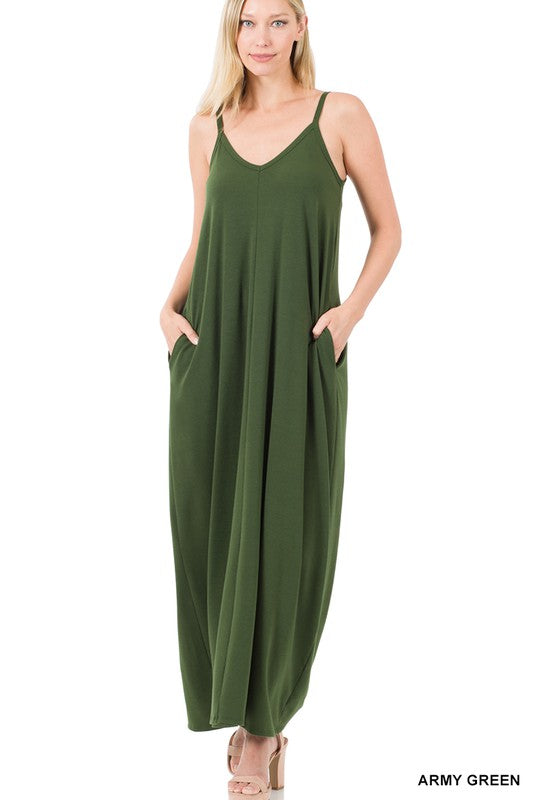 Zenana V-Neck Cami Maxi Dress w Side Pockets