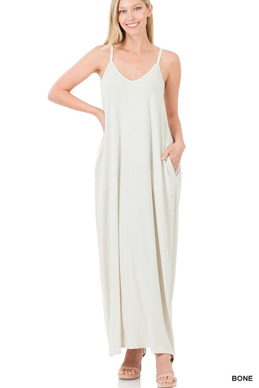 Zenana V-Neck Cami Maxi Dress w Side Pockets