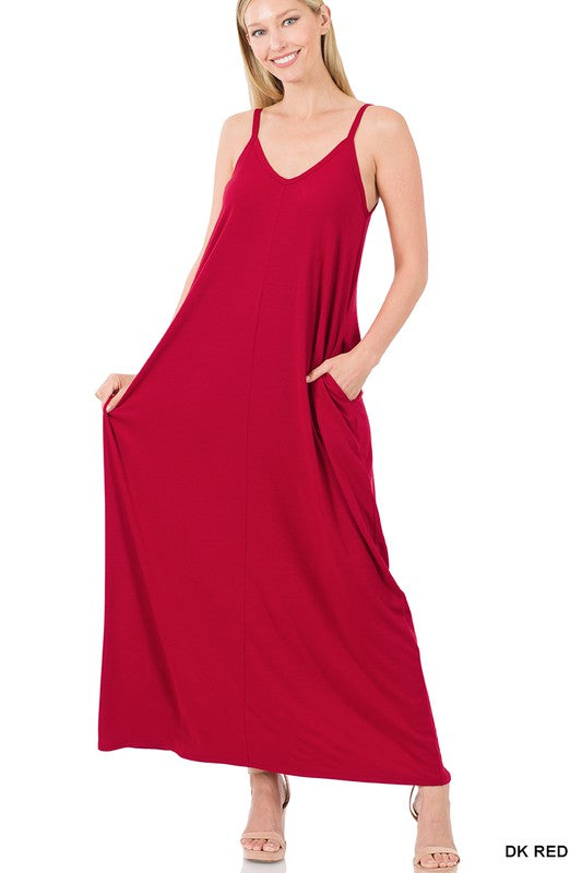 Zenana V-Neck Cami Maxi Dress w Side Pockets