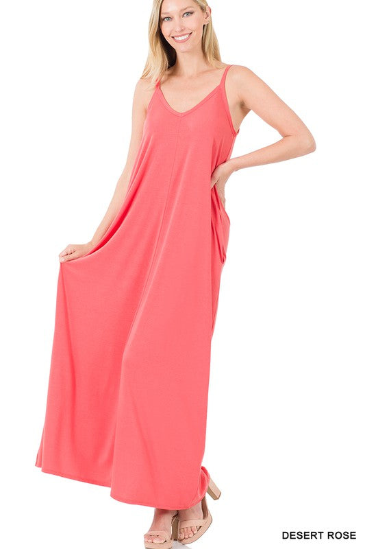 Zenana V-Neck Cami Maxi Dress w Side Pockets