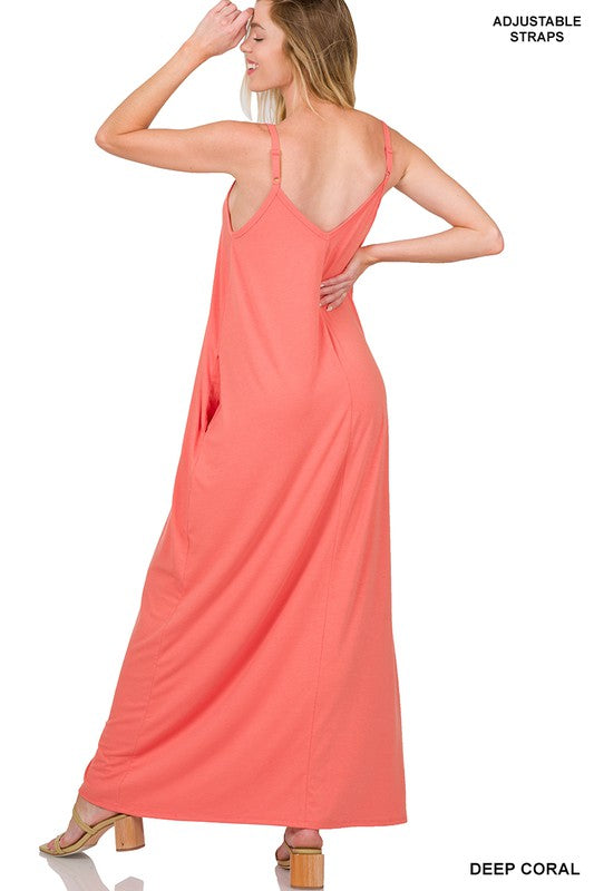 Zenana V-Neck Cami Maxi Dress w Side Pockets