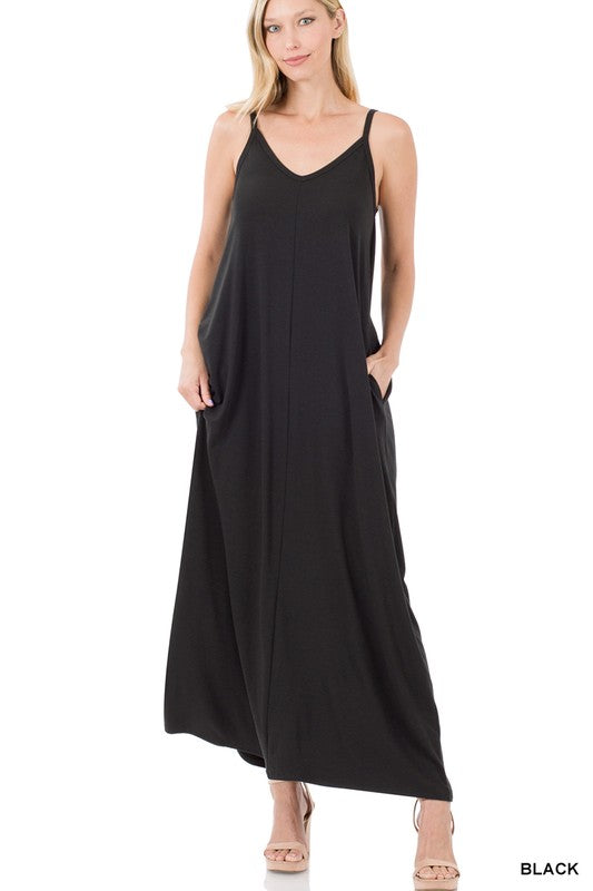 Zenana V-Neck Cami Maxi Dress w Side Pockets