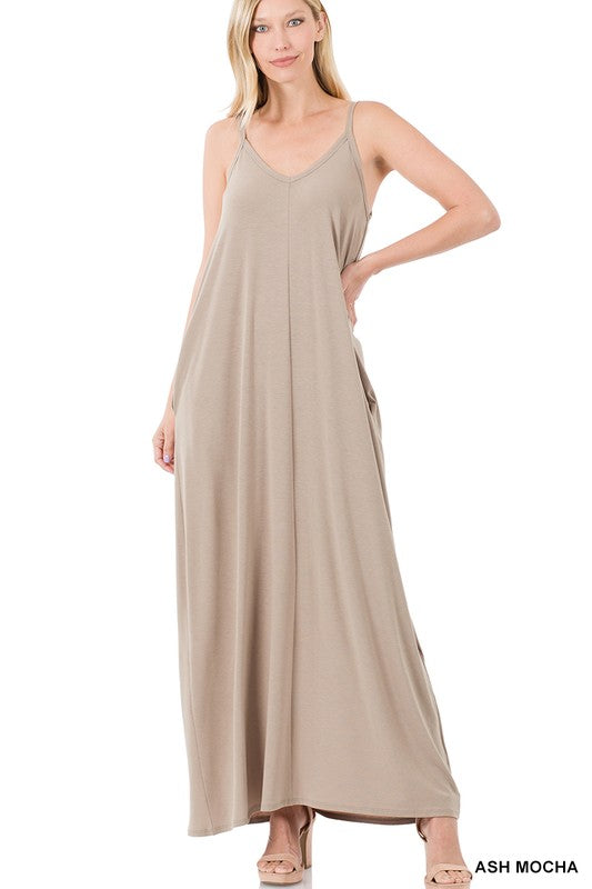 Zenana V-Neck Cami Maxi Dress w Side Pockets