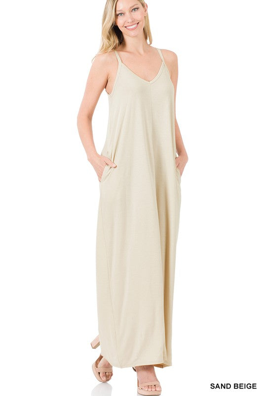 Zenana V-Neck Cami Maxi Dress w Side Pockets