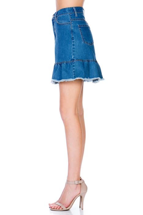 O2 Denim High Waisted A-line Ruffle Hem Denim Skirt