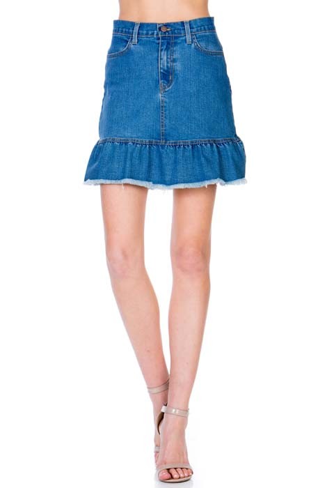 O2 Denim High Waisted A-line Ruffle Hem Denim Skirt