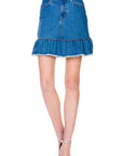 O2 Denim High Waisted A-line Ruffle Hem Denim Skirt